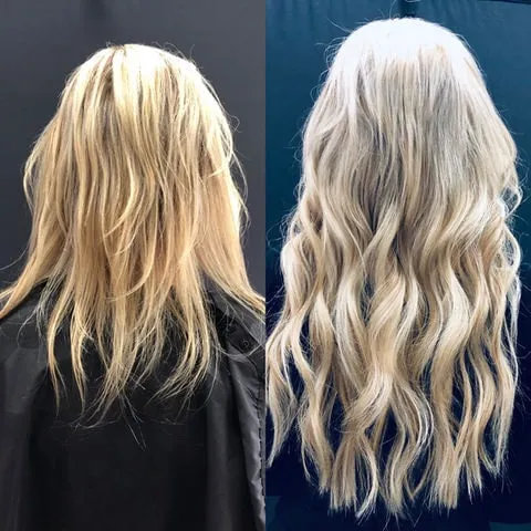 Before and after of blonde hair extensions adding length and volume