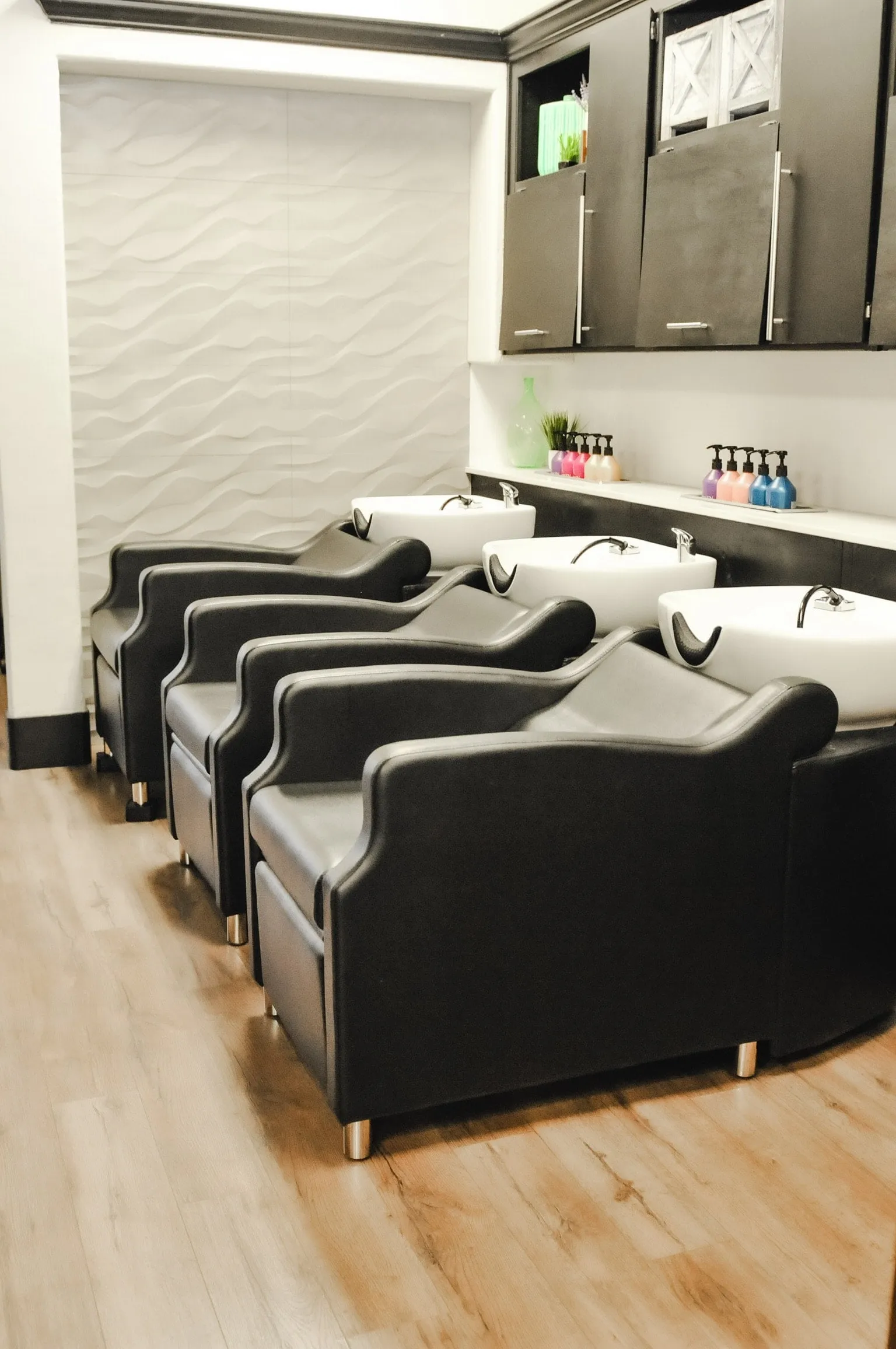 Modern shampoo and wash stations at the salon